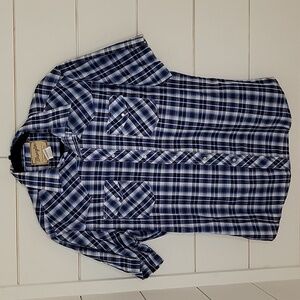 WRANGLER large blue & white plaid pearl snap button short sleeve shirt